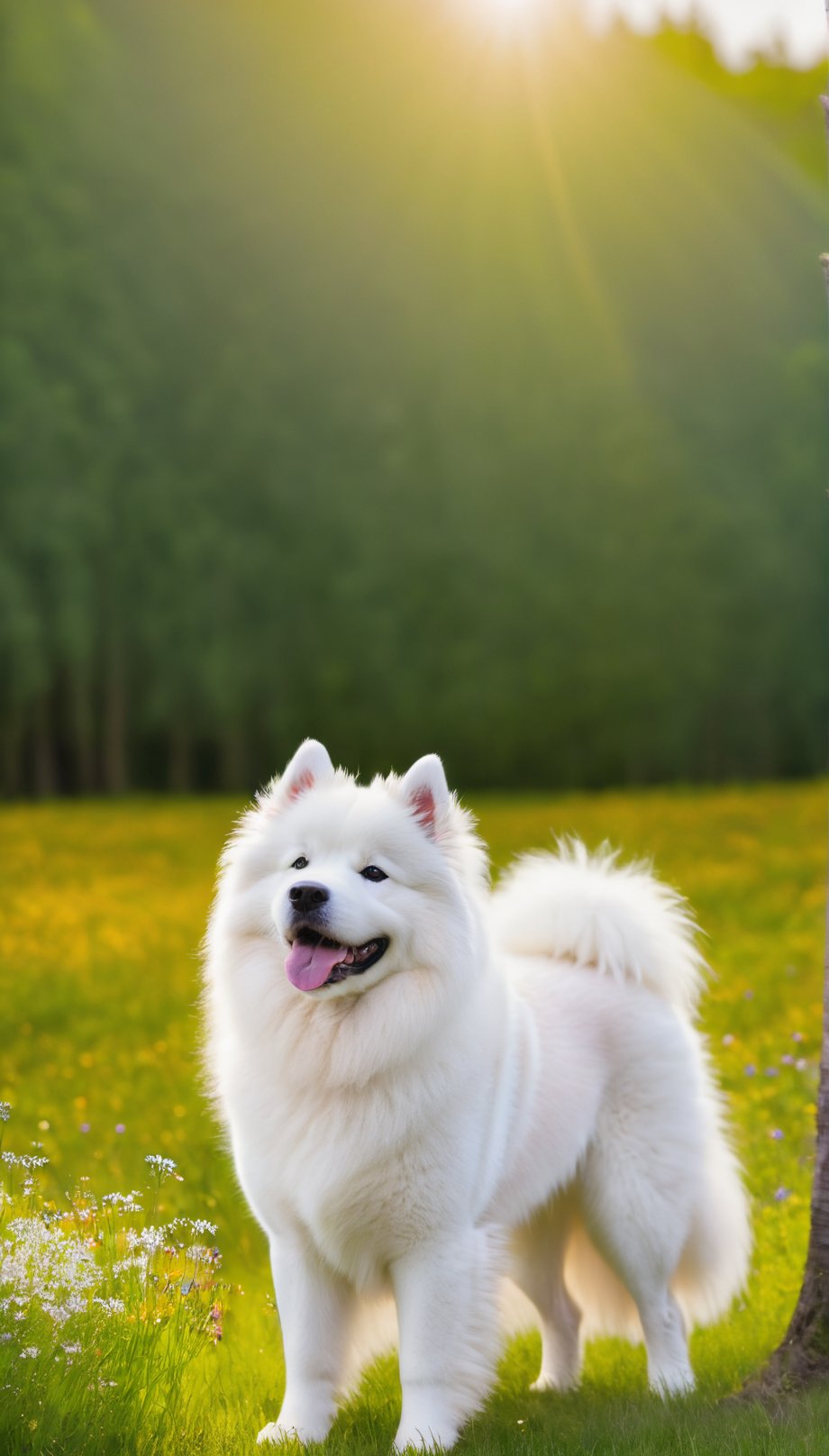 A Samoyed dog stands proudly in a lush meadow on a sunny day,  its white fur ruffled by the gentle wind. The camera frames...