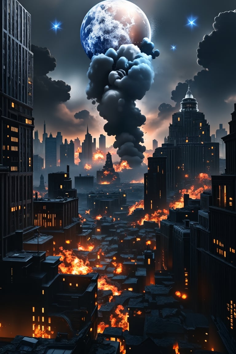 8K UHD image, realistic depiction of Armageddon, apocalyptic scene with massive destruction, crumbling buildings, fiery explosions, dark smoke filling the sky, chaotic atmosphere, dynamic composition, focused on the intense action and devastation, immersive environment blending urban, celestial, and catastrophic elements.