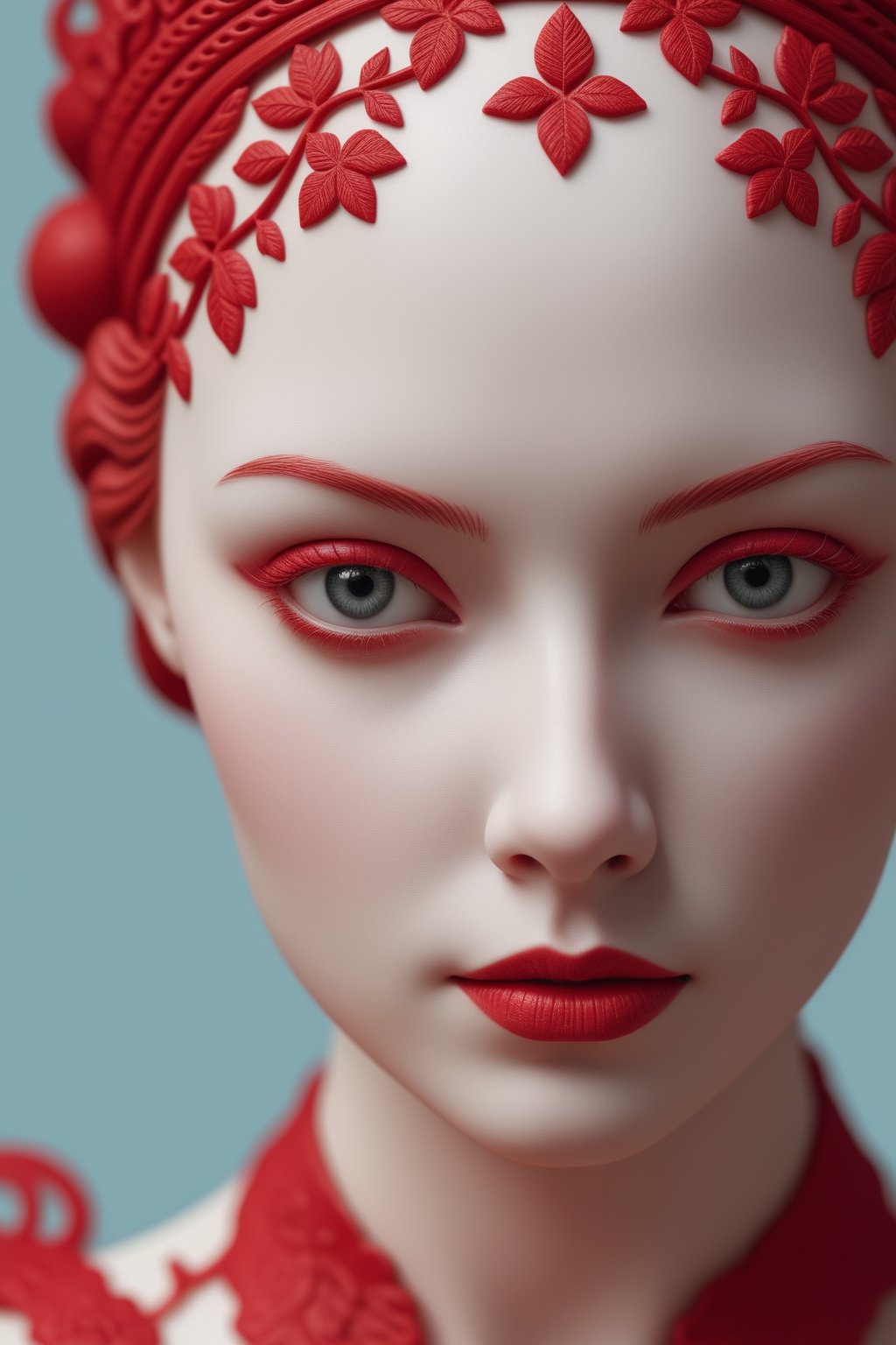sculpture portrait of an woman white porcelain skin pierced with red Intricate details,  very realistic cinematic lighting...
