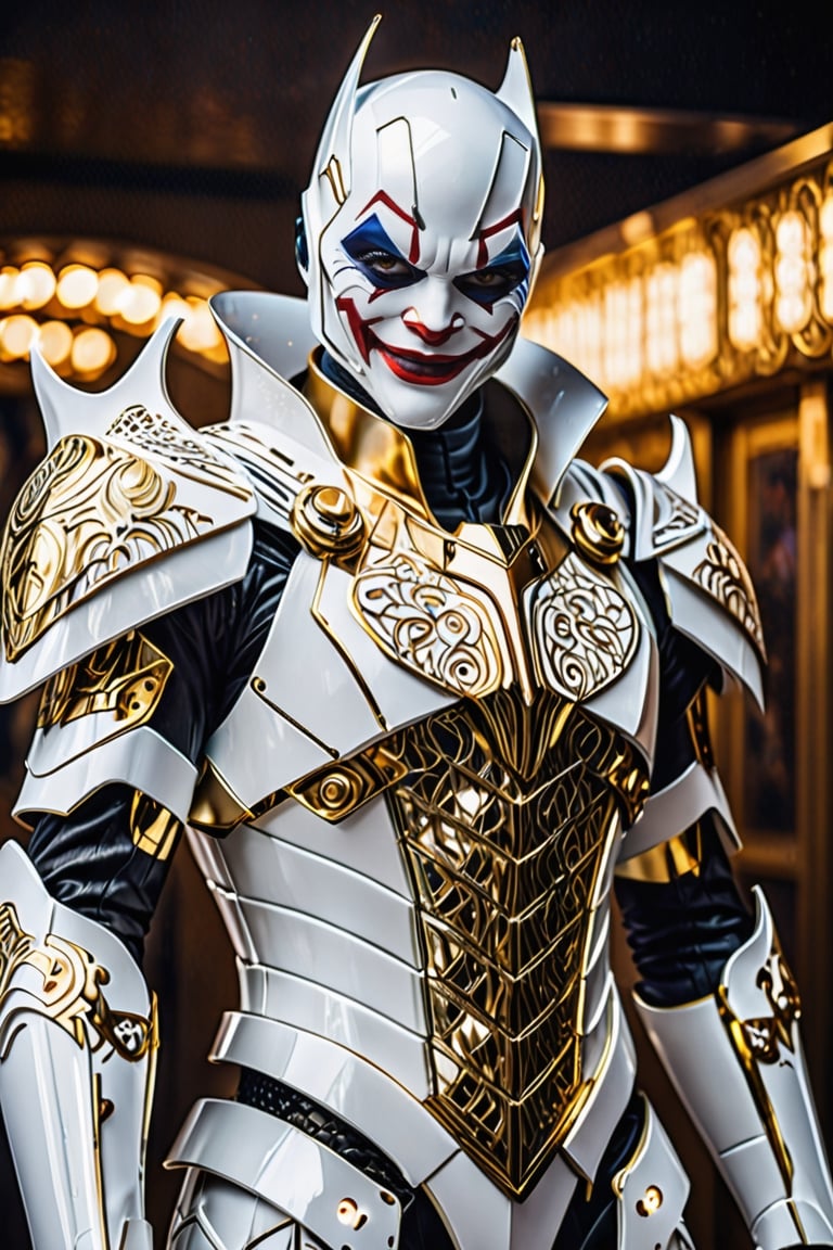 surreal photography of A Hi-Tech Cyberpunk joker wearing futuristic white armor, evil smile, cape, ultra high resolution, 8k photography, extremely detailed, intricate armor, golden filigree, futuristic design, shining body, fullbody_view, perfect custom Hi-Tech suit, intricate armor, detailed texture, soft lighting, Movie Still