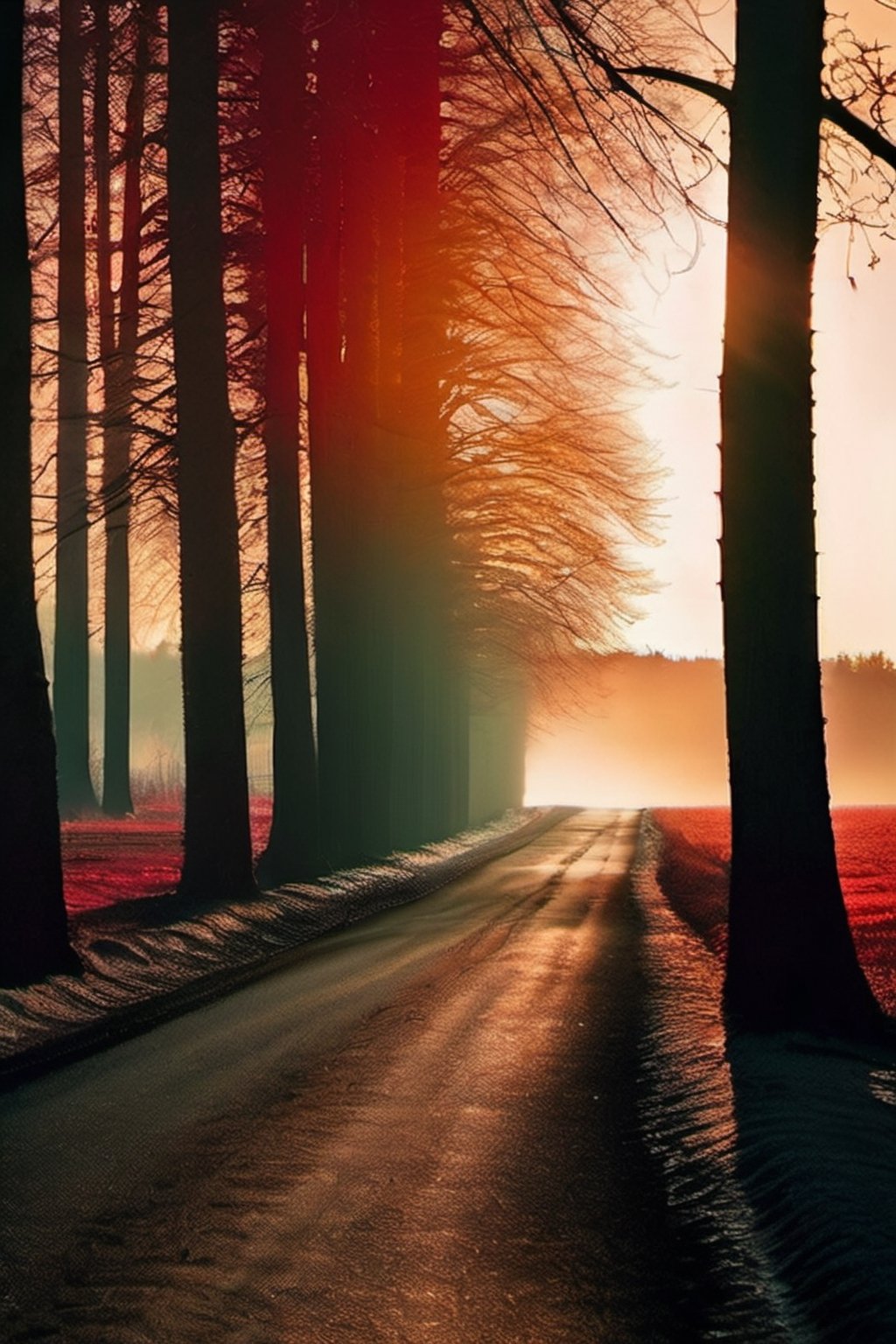 A complex horror film,a nightmare,a beautiful American woman walking down a straight road,dead trees on both sides,moldy and rotten earth,blood-red sunset,cinematography,raw photographs,Grzegorz. Rosinski,Gabriele Delotto,ambient lighting,beautiful and aesthetic,beautiful detailed intricate insanely detailed octane render trending,best quality,bright and intense,cinematic shot,exquisite details and textures,Full-Body,hdr,high contrast,highly detailed,masterpiece,perfect composition,photo-Realistic,raw photo,realistic,sidelighting,soft natural volumetric cinematic perfect light,ultra hd,vibrant color,vivid colors,warm tone