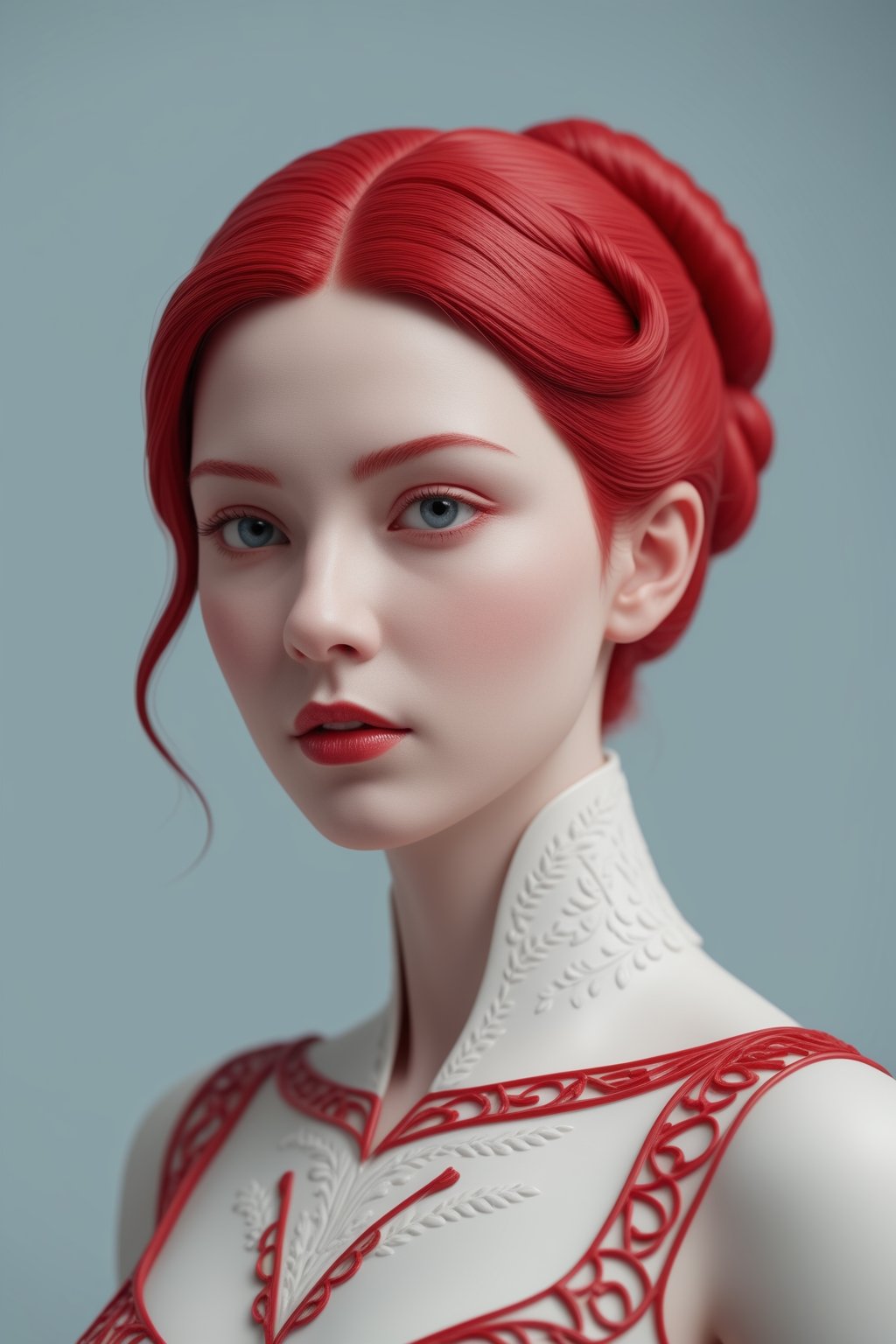 sculpture portrait of an woman white porcelain skin pierced with red Intricate details,  very realistic cinematic lighting...