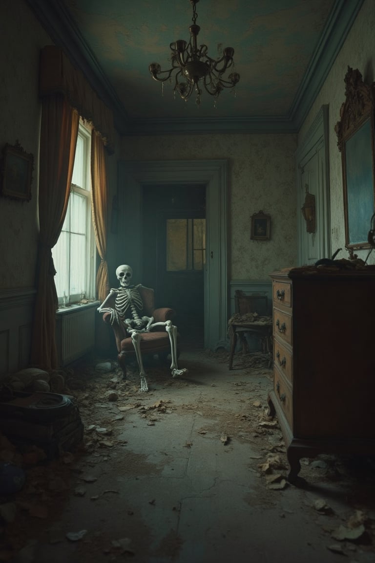 Photo-realistic 60's style of a gloomy abandoned room, dimly lit with shadows cast by a single light source.skeleton sitting.The room is cluttered with old furniture, peeling wallpaper, and a dusty chandelier. Close-up shot, low-key lighting, emphasizing the eerie atmosphere. The scene is filled with dark, foreboding elements, adding to the haunting mood. The room's decay and disarray create a tense and chilling effect.