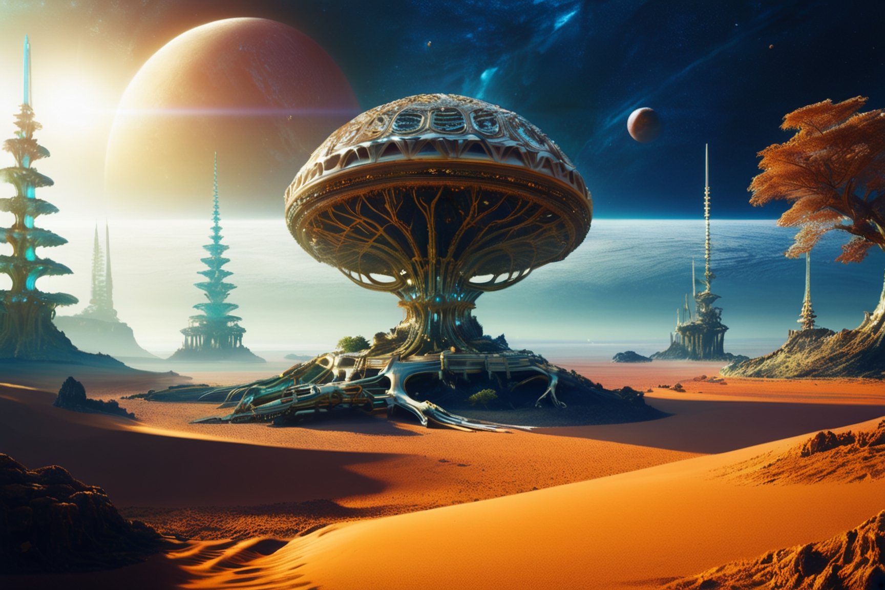 Diamond tree on alien planet,  skeleton of gigantic creature lying on the ground by Servibot on Tensor.Art
