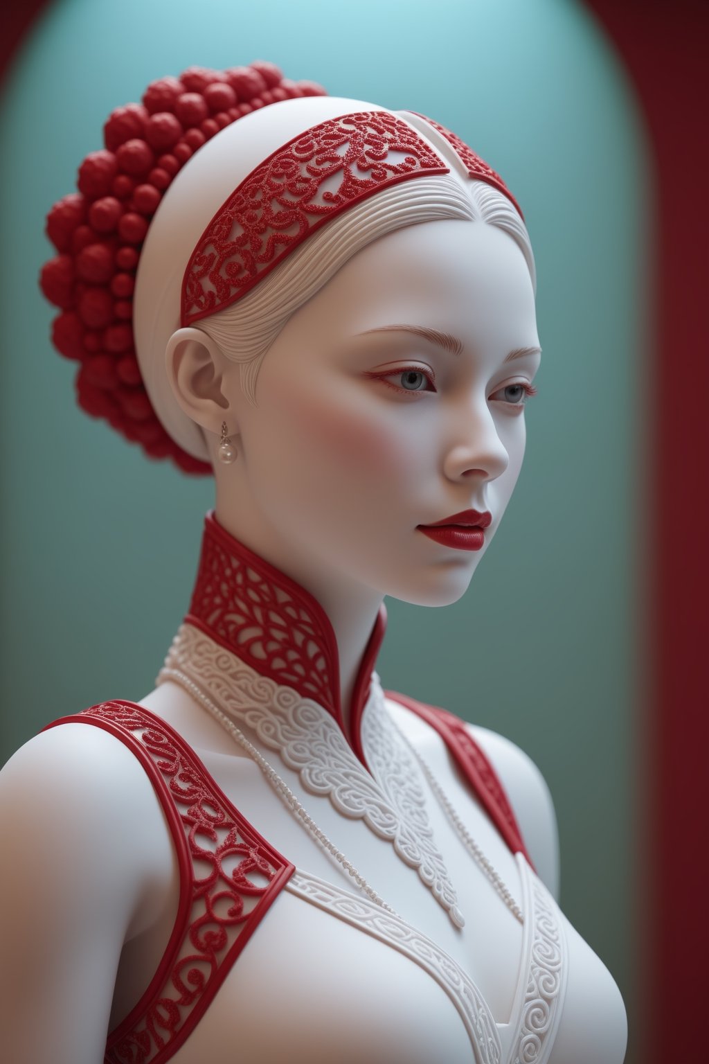sculpture portrait of an woman white porcelain skin pierced with red Intricate details,  very realistic cinematic lighting...