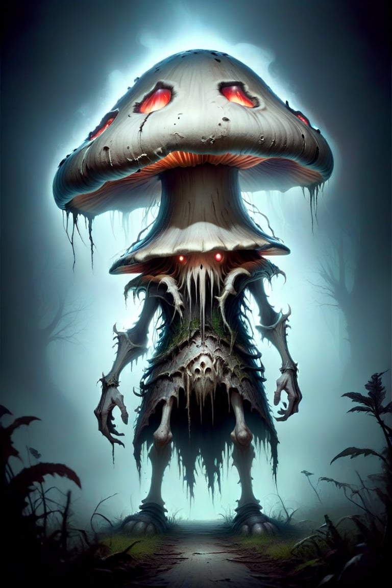 Horror picture of a giant mushroom taking human form. The mushroom is growing legs and strange eyes appears on its hat. Dark picture with strange lights.,DonMD34thKn1gh7XL,runeblade,death knight,outline