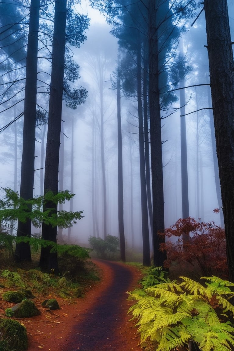 neblina en bosque ,con árboles frondosos y pequeños muchas ramas exuberantes