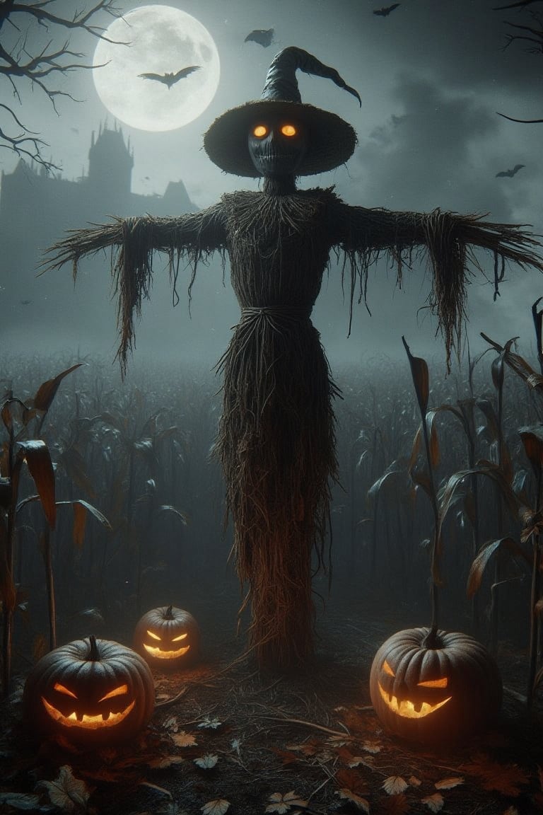 scarecrow,,ancient,mysterious,(masterpiece,detailed, best quality),field of corn, dark fantasy, Clean lines,geometric shapes,DarkHalloween