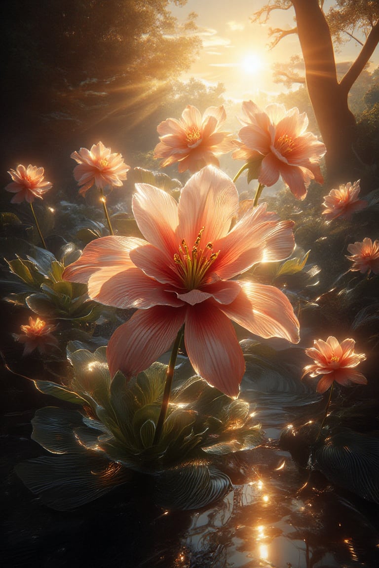 Masterpiece, Professional, Top Quality, High Resolution, High Detail, Perfect Detail,fantasy art. ., lily , lilies, backlight of sun, backlight
