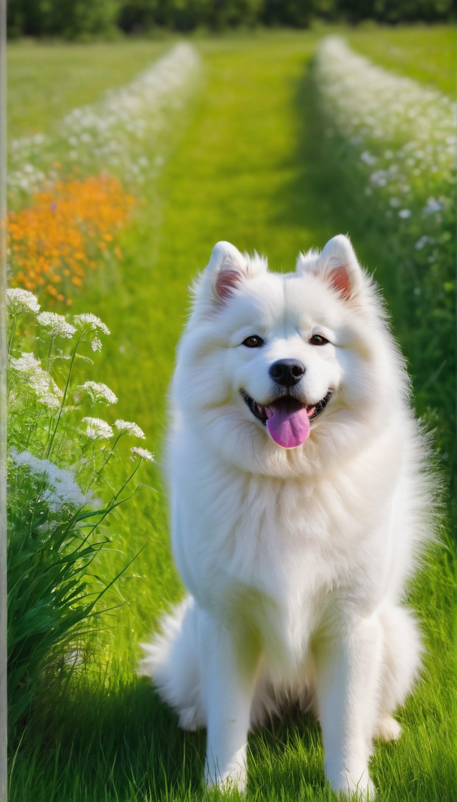 A Samoyed dog stands proudly in a lush meadow on a sunny day,  its white fur ruffled by the gentle wind. The camera frames...