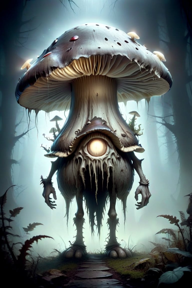 Horror picture of a giant mushroom taking human form. The mushroom is growing legs and strange eyes appears on its hat. Dark picture with strange lights.,DonMD34thKn1gh7XL,runeblade,death knight,outline