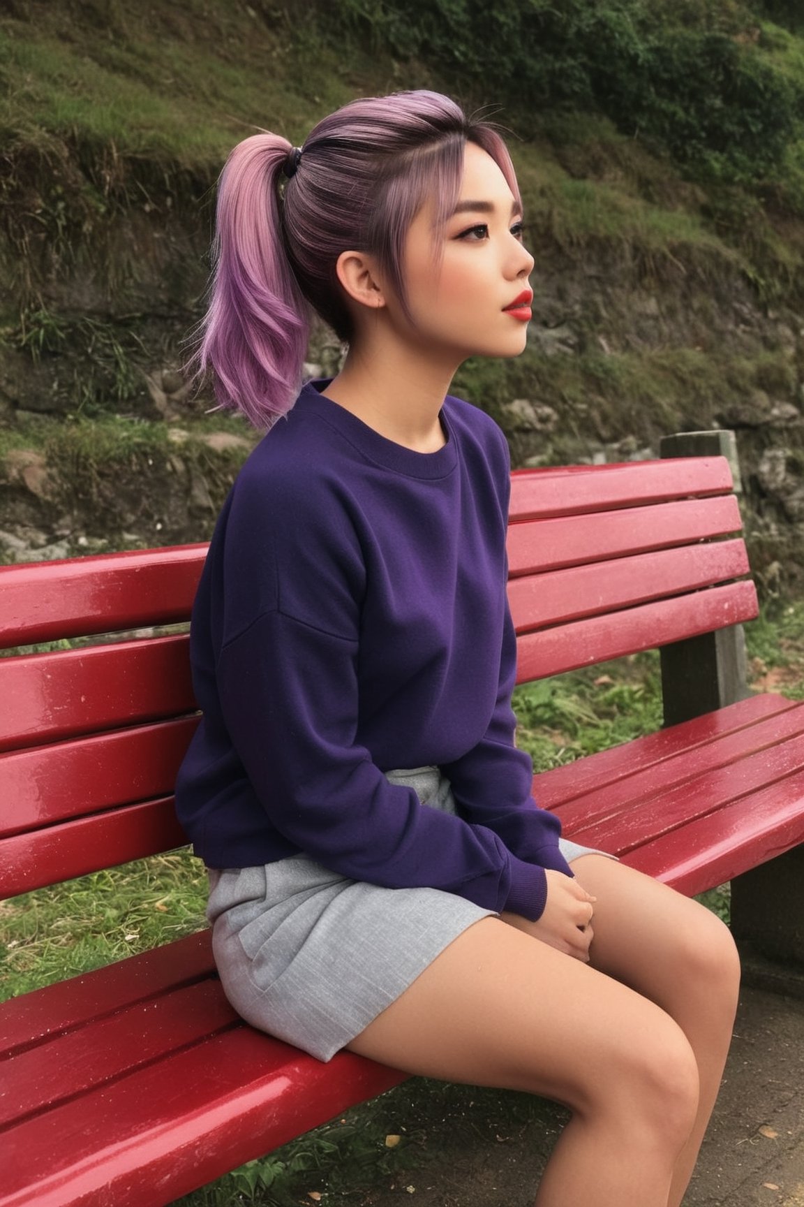 masterpiece, ultra detailed, high quality, 1girl, (blush, red face, parted lips), detailed lips, sitting in bench, (solo), wide shot, scenery, full body, Kuki Shinobu, green hair, hair between eyes, ponytail, short hair, (purple eyes:1.1), hair ornament, kukishinoburnd