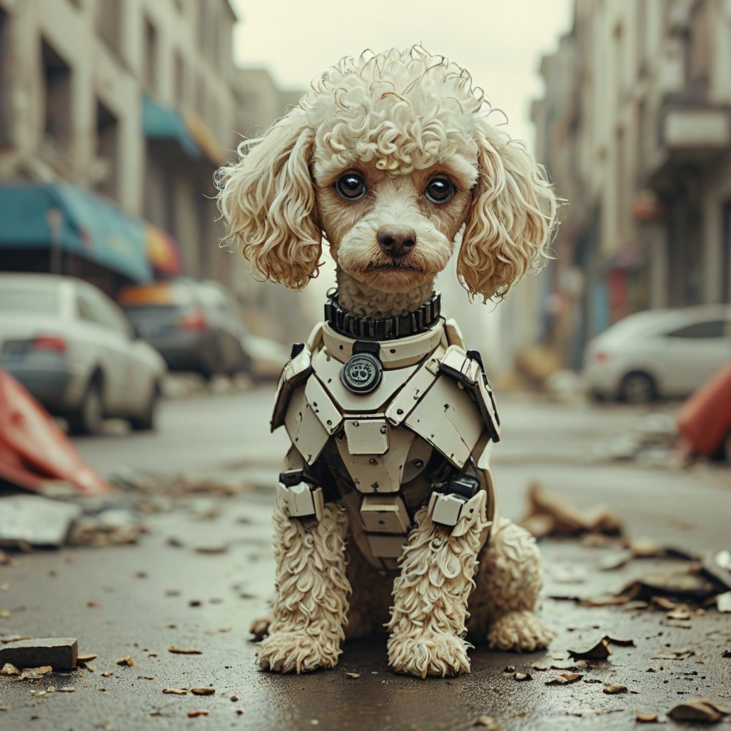 robo white puppy poodle, ruined city background