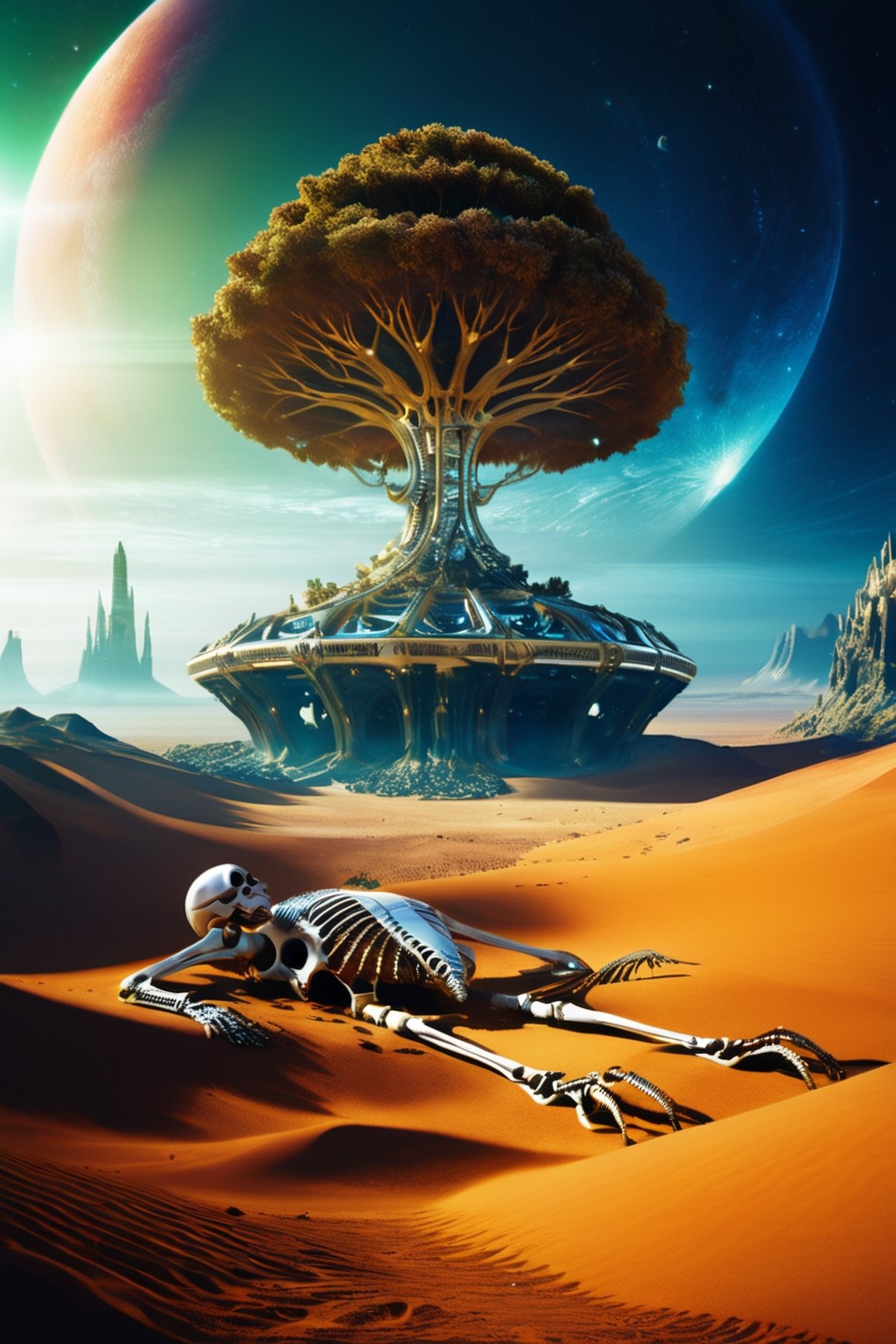 Diamond tree on alien planet,  skeleton of gigantic creature lying on the ground by Servibot on Tensor.Art