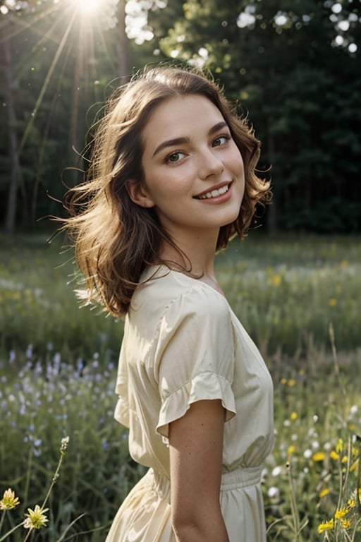 Effortless beauty in a sun-drenched meadow,  captured by a Hasselblad camera. The 1930s-inspired young woman poses effortl...