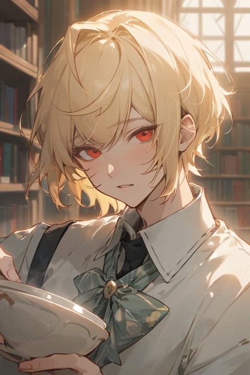 school clothing, library, midjourney, beautiful, masterpiece, best quality, extremely detailed face, perfect lighting, best quality, ultra detailed, highly detailed, perfect face, 1 boy, short hair, long bowl-cut style, side swept bangs, school boy, button up shirt, blonde, red_eyes