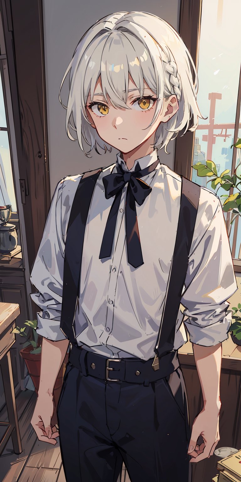 yellow eyes, short white hair, straight hair, small braid, single braid, solo character, 1male, soft, calm, blank expression, servant boy, 19th century, servant boy, young, kid, close up