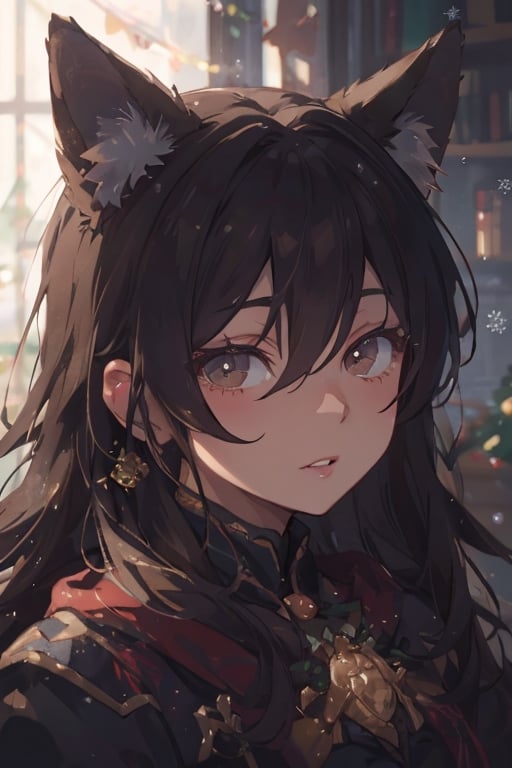 masterpiece, best quality, extremely detailed face, perfect lighting, best quality, fox girl Christmas,1g,COLORED EYELASHES