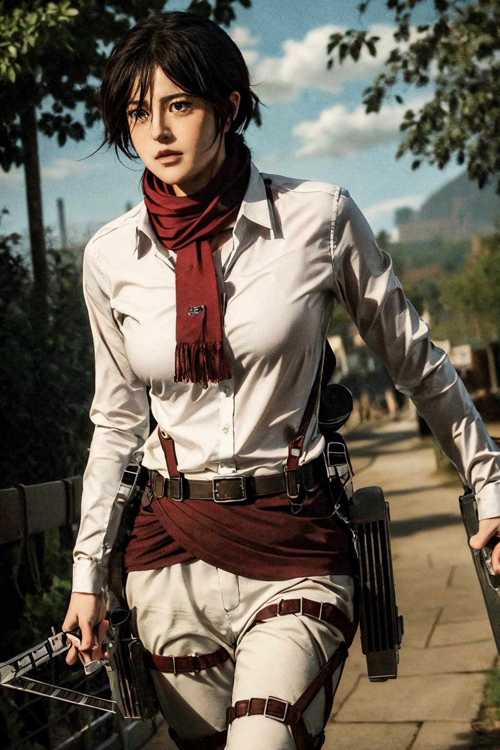 masterpiece, best quality, highres, hmmikasa, short hair, black eyes, scarf, emblem,((wearing unbuttoned shirt)), belt, thigh strap, red scarf, white pants, brown jacket, long sleeves, , holding weapon, sword, dual wielding, three-dimensional maneuver gear, mountains_background , inside_jungle , 32k , 8k , high_resolution,hmmikasa