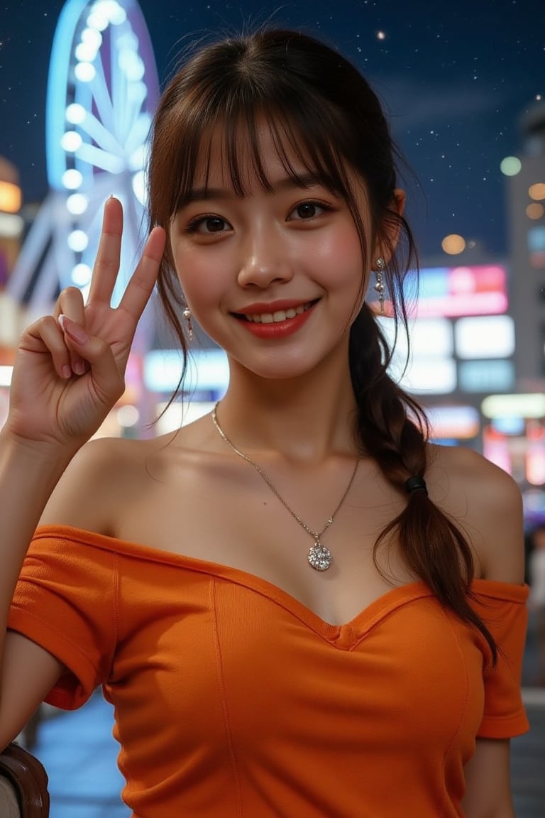 score_9, score_8_up, score_7_up, Masterpiece, Top Quality, High Resolution, High Definition, 8K, Detailed Details, Big city night view, Ferris wheel visible in the background, sparkle and glitter, charming smiling woman front view close-up, 18 year old woman wearing off-shoulder orange T-shirt, peace sign with two fingers over one eye, super attractive and cute expression that attracts everyone, devilish, round face, straight nose, detailed eyes shining with highlights, detailed glossy small lips, chestnut hair in a ponytail, diamond earrings and necklace, perfect body line, (accurate anatomy), perfect hands, HD, digital art, digital illustration, 350mm telephoto, shallow depth of field, blurred background, realistic rendering, Unreal Engine, finely crafted details, (noise removal), ((45 degree body, detailed face, real hands, young beauty spirit)), (physiologically correct body), (correct five fingers), (correct two limbs),