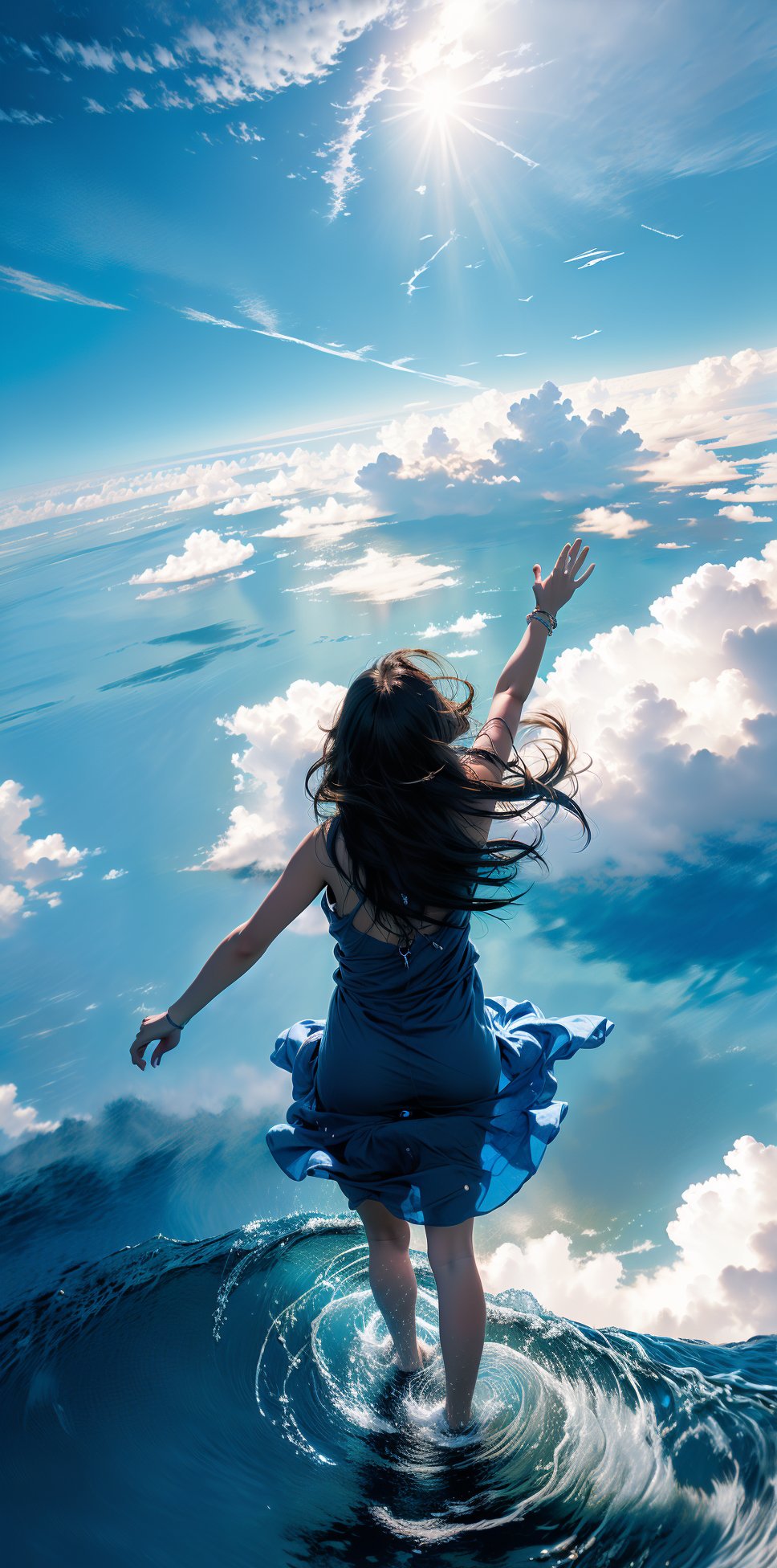 Masters. (A girl jumps from a high hill into the bright blue sea with her hands up and feet in the air.) (((Composition from directly above))). You can see the back of her head from above. Composition from directly above. (The girl is facing backward, falling slowly. It looks like a spacewalk. Swimsuit. Below, the sea praising the blue of the earth, the deep blue sky, white clouds, and her hair fluttering. The ultimate in beauty. Dreamlike, unreal.