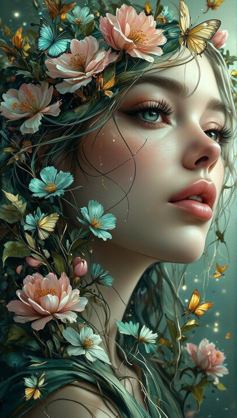 score_9,score_8_up,score_7_up,masterpiece,best quality,high resolution,high definition,8K,detailed details,(perfect 4 fingers),masterpiece,official art,perfect limbs,(perfect anatomy),fantasy,fantastic,ephemerally beautiful woman standing in the Garden of Eden with vibrant flowers,big beautiful eyes,detailed glossy lips,wearing a firebird veil made of flame crystal,background with pale pink flowers blooming like spring haze,digital painting,alcohol ink painting,luminism,golden lines,doll face,baroque,long swirling green hair,lush green leaves,falling blue flowers,celestial lighting,butterflies,golden glittering water droplets,best quality,masterpiece,high resolution,absurd resolution,fractal art,vibrant colors,intricate details,high resolution skin,pale skin,\\n\”\n”