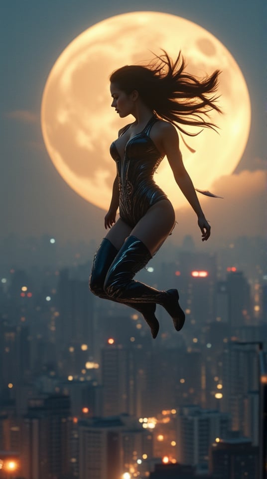 score_9,score_8_up,score_7_up,Perfect hands and fingers, futuristic beauty with four fingers, A fierce and beautiful female warrior jumps high over the rooftops of a city, her silhouette framed by the glowing full moon. She is in mid-leap, her athletic body twisting gracefully as she soars over the tall buildings. Her armor is sleek and fitted, with sharp edges that catch the moonlight, and her long, flowing hair follows her swift motion. The skyscrapers below are bathed in city lights, but her focus remains sharp, blending strength, beauty, and agility in a single breathtaking moment.Perfect Hands and Fingers, HD, Digital Art, Digital Illustration, 350mm Telephoto, Shallow Depth of Field, Blurred Background, Realistic Rendering, Unreal Engine, Finely Detail, (Noise Reduction), ((45 degree body, detailed face, real hands, young and beautiful spirit)), Spotlight highlighting the figure