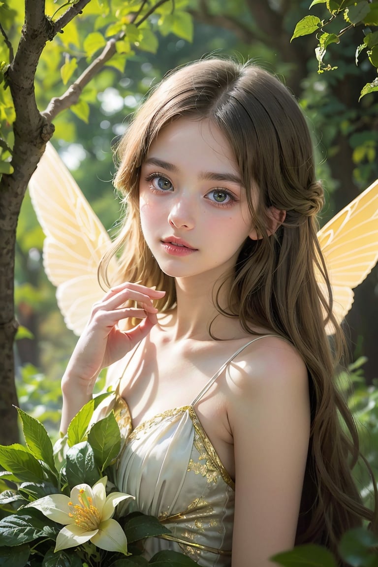 A soft golden light filters through the leaves of an ancient tree, illuminating the delicate features of a fairy princess holding a flower in her hand. She floats in mid-air, surrounded by lush greenery and vibrant flowers. The transparent wings on her back shine like glass, her porcelain skin gleams with a subtle sheen, and her noble features, radiant smile and large eyes are accentuated with tiny, starry highlights. Her long golden hair cascades down her back, and her shimmering wings spread out like a fan of delicate petals. Verdant ivy vine leaves decorate the background. The air is filled with a mystical aura, almost enchanting. Her beauty is elevated to a higher level, making her a living embodiment of beauty and enchantment. 5 fingers, 2 limbs, masterpiece, ultra detailed, high resolution, 8K, HD, realistic rendering, reality-based rendering, Unreal Engine, intricate details, (denoising), solo, Detailedface, realism, raw photo, photo, photorealism, photography, 1 girl, young beauty spirit, world's best face, Enhance, Detailedface, perfect, 1 girl, (8k sharp focus), ultra photorealism, detail, masterpiece, color booster, on the road, ((photography_light)), European girl, (face make_up), epiC35mm, (facing front: 1)