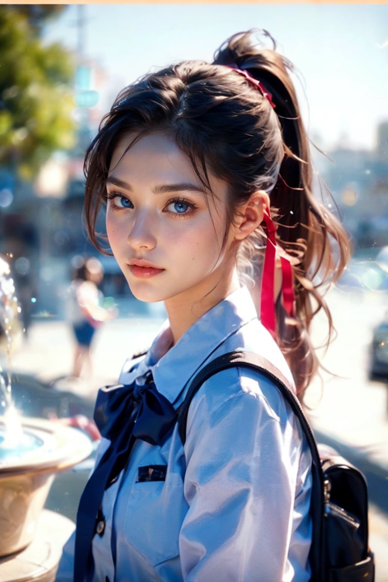 (masterpiece, best quality, ultra-detailed, 8K),
Cute 16-year-old high school girl, from side, close-up face, pure, navy blue summer uniform, perfect figure, no makeup, school bag, (natural expression), (smiling face), happy smile, black eyes, perfect proportions, (smooth chestnut hair in ponytail with ribbon), low angle, cool park fountain, youth, summer sunshine, sparkling, heat haze, five fingers, wonderful masterpiece with dreams,