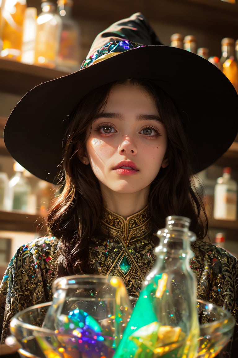 Medieval castle room, ((A pretty witch holding a lizard tail in front of a big cauldron)), wearing a hat, cold smile, brown mesh hair, black robe, (A great many colorful sparkling potion ampule crystal bottles are placed on the shelf behind: 1.4), supple and beautiful five fingers, two arms, physiologically correct body, masterpiece, ultra detailed, high resolution, 8K, HD, realistic rendering, reality-based rendering, Unreal Engine, intricate details, (noise reduction), solo, detailed face, realism, raw photo, photography, photorealism, photography, single girl, young beauty spirit, world's best face, enhancement, detailed face, perfect, single girl, (8k sharp focus), ultra photorealism, details, color booster, on the road, ((photo light)), European girl, (face makeup), epiC35mm, (facing forward: 1)