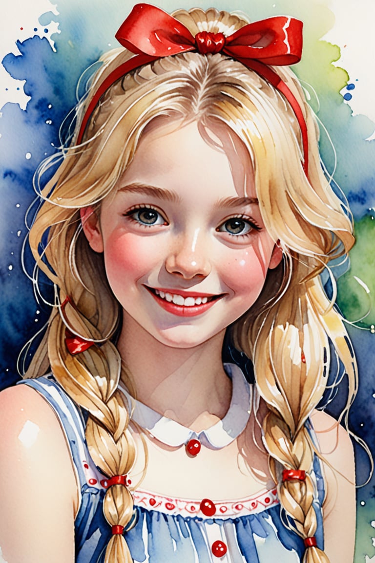 A 15-year-old girl with porcelain-like white skin and a radiant, cute smile, accentuated by her small mouth and big, round eyes. Her long, blonde hair cascades down her back, tied with a vibrant red ribbon. She winks at the viewer with one eye closed, exuding an air of playful innocence. The delicate watercolor and ink sketch brings out the intentional beauty, creating a dreamy atmosphere.