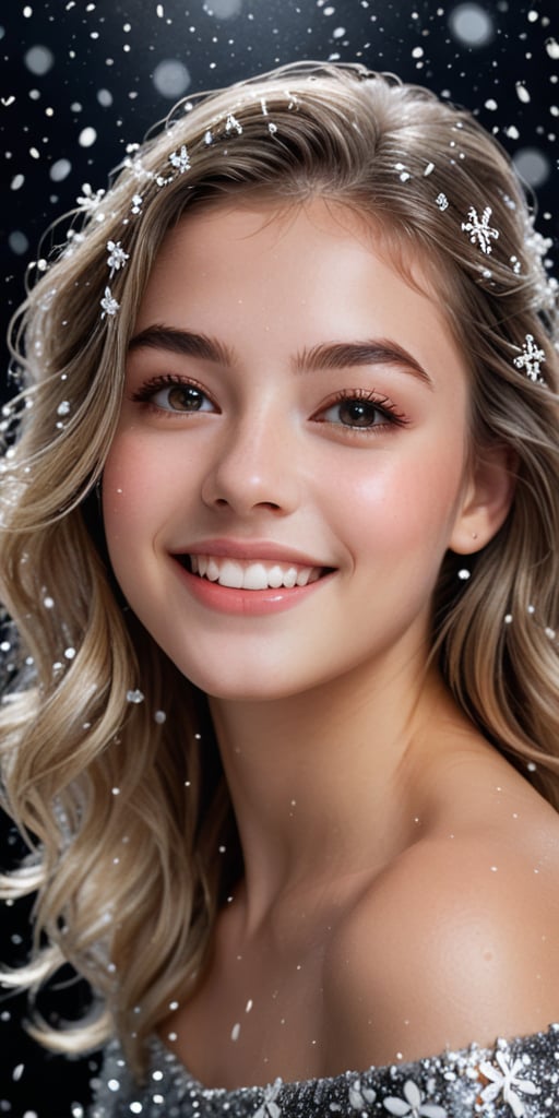 High quality, splash art, oil painting, 45 degree shot, close-up of face, fearless smile, (a fusion of micro snowflakes and a cute 18 year old girl), snowflakes dancing on a black background, white and radiant skin, round and shapely face, straight nose, large eyes with highlights, lip filler, glittery eyeliner and blush, glitter, (flowing, shiny silver hair),