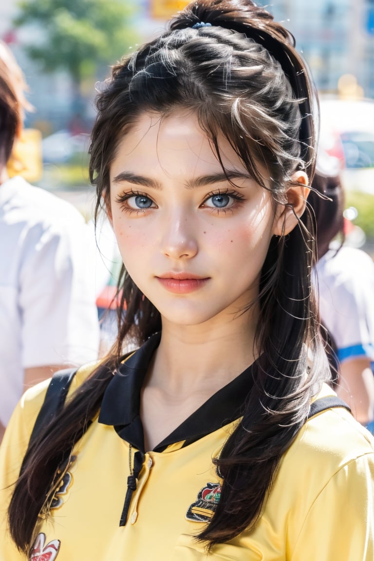 (masterpiece, best quality, ultra-detailed, 8K),Cute 16-year-old high school girl, from above, close-up, high school uniform, perfect figure, no make-up, (natural expression), (smiling face), (black eyes), perfect proportions, (silky black hair in a ponytail with ribbon), low angle, summer sunlight, sparkling, heat haze, five-fingered hand, correct hand shape