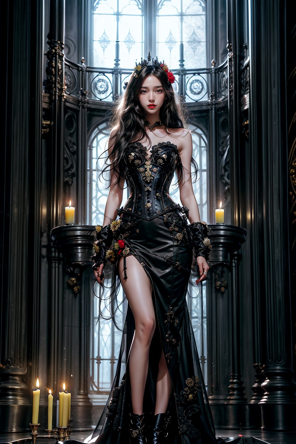 1girl, solo, long hair, breasts, black hair, hair ornament, dress, bare shoulders, very long hair, standing, full body, flower, artist name, indoors, hair flower, lips, strapless, rose, watermark, web address, corset, stairs, realistic, arms at sides, red lips, candle, pillar, candlestand, column, candlelight