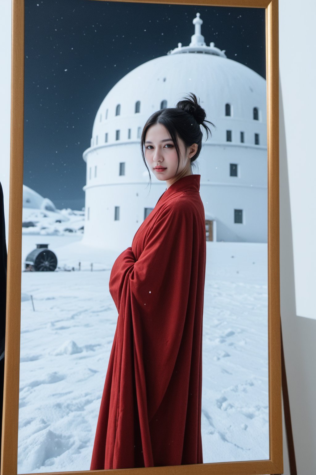 a painting of Nak-Su, the beautiful Korean female assassin from Alchemy of Souls, Go Yoon Jung, holding a sword in an ocean covered by ice, red traditional hanbok, hair tied back, in the style of dark sky-blue and red, cinematic movie still, k-drama, historical drama, lit kid, metafictional, snow scenes, technological fusion --ar 25:31 --quality 2 --s 750 --v 5.1