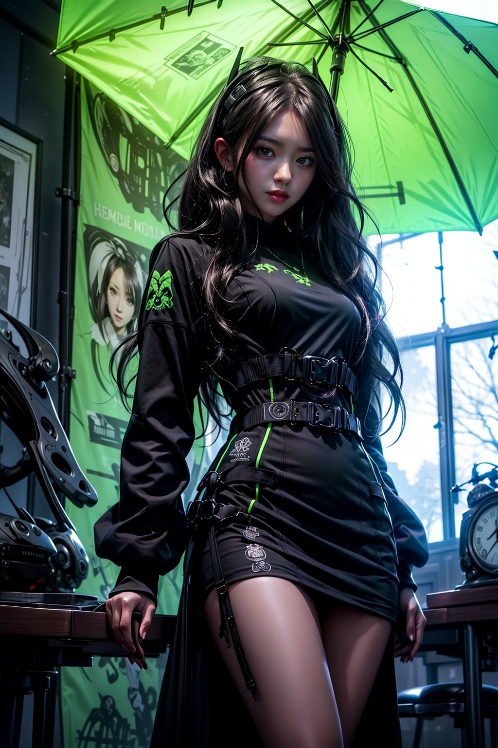 Masterpiece, Best quality, Photorealistic, Ultra-detailed, finedetail, high resolution, 8K wallpaper, anime girl in a black dress with a green umbrella, artwork in the style of guweiz, made with anime painter studio, fine details. girls frontline, painted in anime painter studio, demon slayer rui fanart, anime visual of a cute girl, anime girl wearing a black dress, by Jin Homura, anime visual of a young woman, girls frontline cg