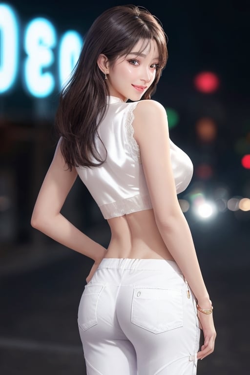 8K, Masterpiece, RAW photo, Best quality, Photorealistic, Extremely detailed Cg Unity 8K wallpaper, Depth of field, Cinematic light, Lens flare, Ray tracing, (Extremely beautiful face, Beautiful lips, Beautiful eyes), intricate detail face, ((ultra detailed skin)) 1girll, In the dark, deepshadow, Pretty Korean girl, Kpop idol, 1 girl, (Very slim and slender muscular body:1.3), ((view the viewer)),(Big smile:1.3), (Tight lace-up blouse), (Pink shirt), (Sleeveless) , (Fashion night, Dark night, (neon lights sign), (Blurred background), Fashion Street Night),(No one is in the background:1.3), Beautiful earrings, bangle, necklace, Pantyhose, Clear eyes, (Pale skin), (Big eyes), Face forward, ((upperbody shots)), ((Silk white pants:1.3)),(brown hairs),((Skinny silk pants)), (view the viewer:1.3) open breast, Very slim, Medium breasts, Turn Back, Back shot, , underwear_transparent, beautiful_fingers
