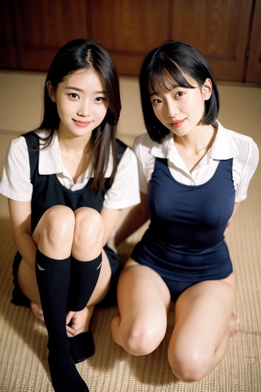 top-quality、Facial Focus、Soft light、(depth of fields)、high resolution、(Photorealsitic:1.4)、Raw photography、(above knee:1.4)、((Bend one knee slightly))2 Japan girls、Two 20-year-old girls、Colossal tits、(full of shyness、cold smile:1.1)、(Brown-eyed)、detailed beautiful faces、(Cute hairstyle)、high-angle shot、Center view、Two arafe asian women in swimsuits、Phenomenally cute girl、japanaese girl、Wearing a lace slip shimmy、a hyperrealistic schoolgirl、a hyperrealistic schoolgirl、Schoolgirl Pose、full body Esbian、Nice skin、glistning skin、lovely thighs、glowing thigh、shining legs、Black high socks above the knee、High School in Japan ,Invite you inside、((Inviting eyes))