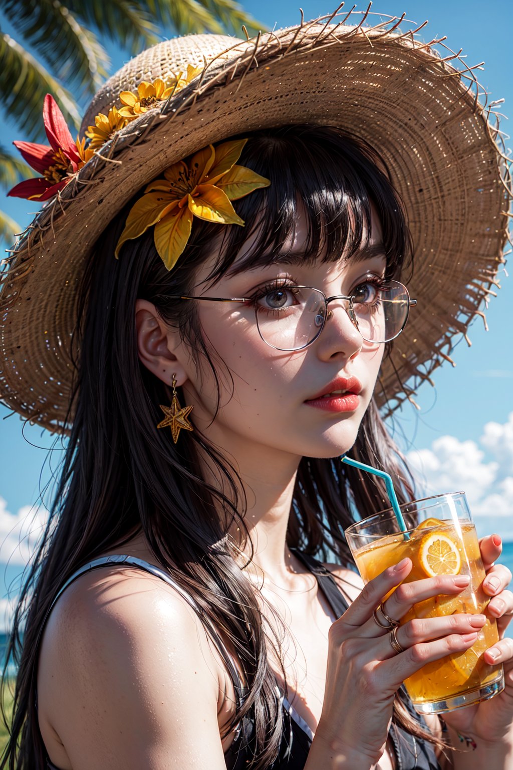 absurdres, highres, ultra detailed, 1girl, solo, extremely detailed eyes, starfish, seashell, shell, flower, hat, hair ornament, jewelry, straw hat, looking at viewer, sunglasses, hat flower, drinking straw, hairclip, earrings, red flower, tinted eyewear, yellow flower, bangs, english text, multicolored hair, orange flower, black hair, ring, cup, long hair, orange-tinted eyewear, food, brown hair, portrait, shell hair ornament