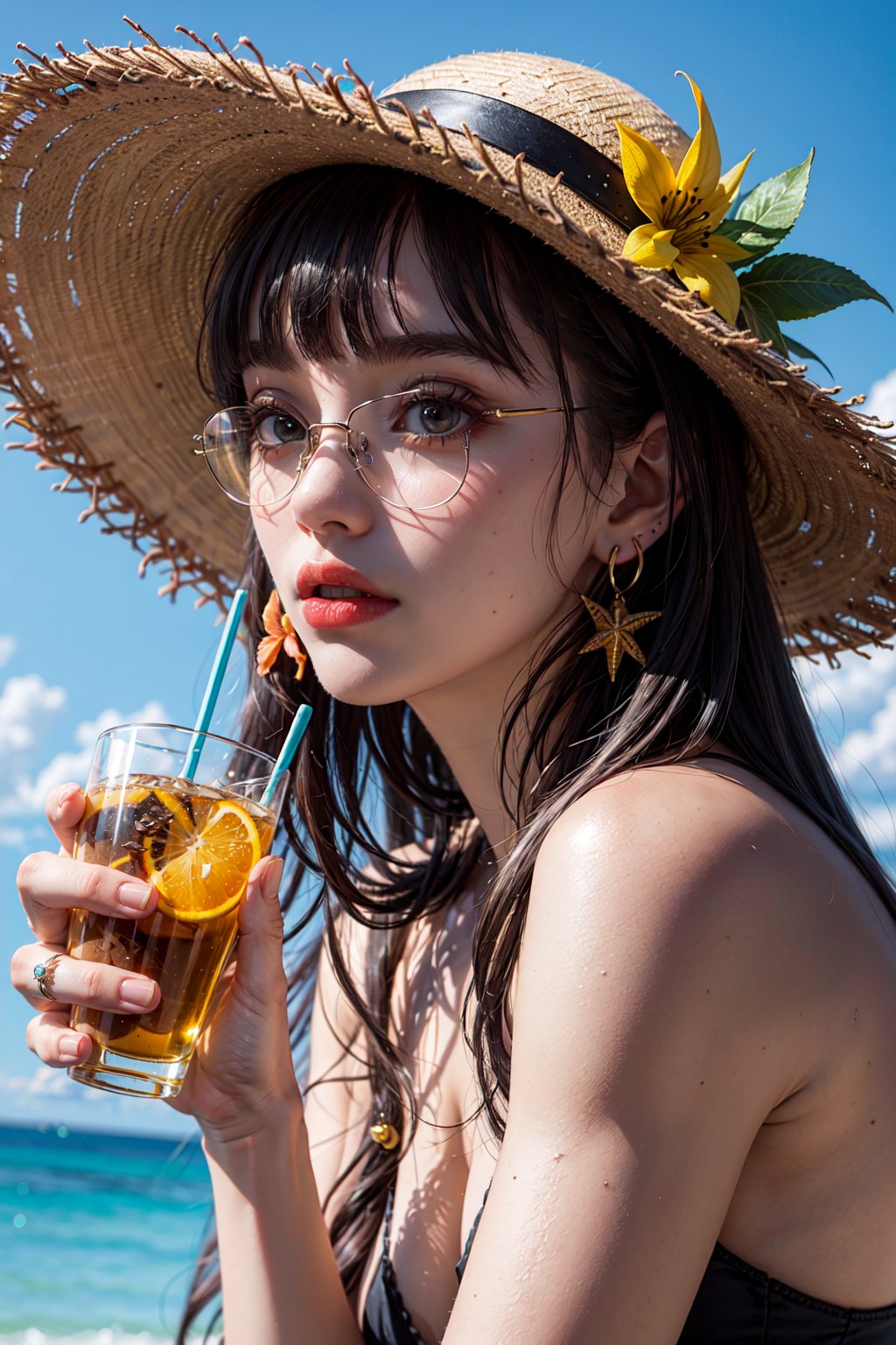 absurdres, highres, ultra detailed, 1girl, solo, extremely detailed eyes, starfish, seashell, shell, flower, hat, hair ornament, jewelry, straw hat, looking at viewer, sunglasses, hat flower, drinking straw, hairclip, earrings, red flower, tinted eyewear, yellow flower, bangs, english text, multicolored hair, orange flower, black hair, ring, cup, long hair, orange-tinted eyewear, food, brown hair, portrait, shell hair ornament