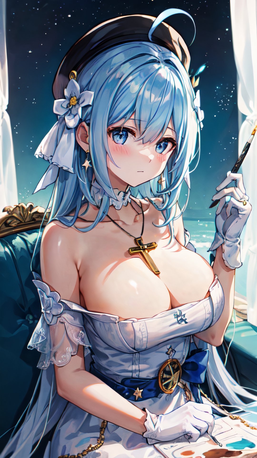 griseo, big breasts, look, solo, 1girl, upper body, big breasts, cleavage exposed, top quality, sky blue hair, holding paintbrush, white sleeves, painter's hat, saturn ring tiara, dusky hair, cross star necklace, left ear moon earring , star earrings in the right ear, pocket watch belt, blush, white gloves, a woman in white clothes sits on a blue sofa, the environment has a futuristic background and blue light