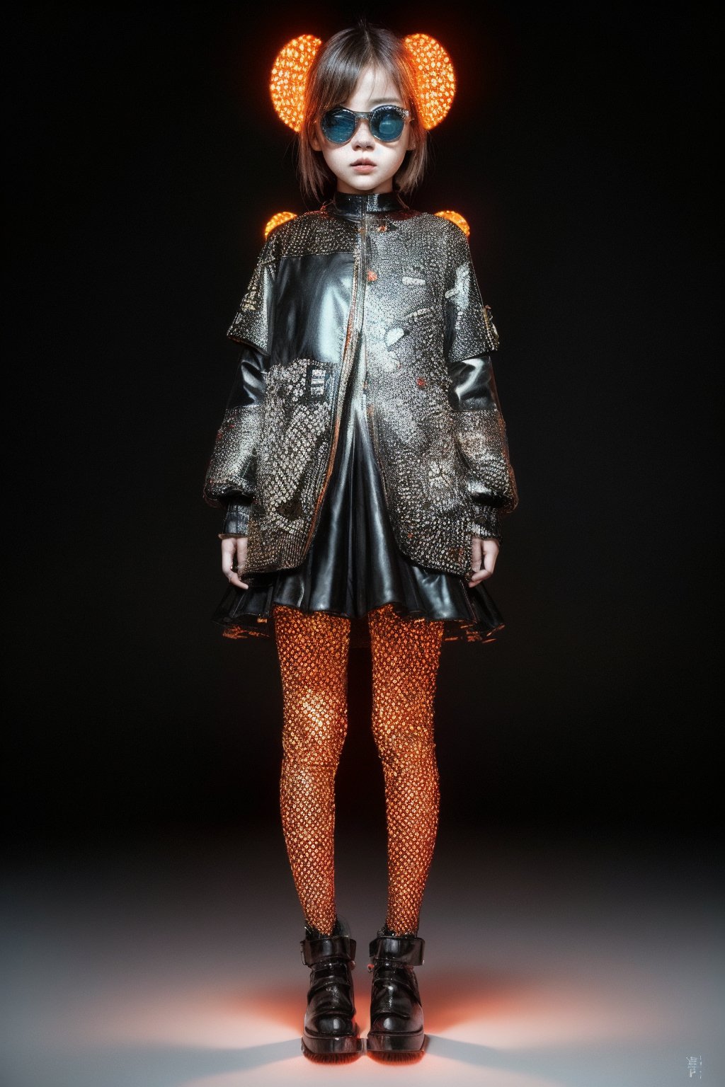 ((Full Body view))A futuristic fantasy full body images an enigmatic tween girl with intricate, black dots meticulously arranged on her head, resembling a mesmerizing 3D, metallic sculpture. Her elegant, emotive face is illuminated by dark orange and red hues, juxtaposed against light silver accents. She wears futuristic sunglasses with algorithmic artistry, as if the very code itself has been etched onto her eyes. She wears futuristic childish alluring japanese style clothing.  In high resolution, this surreal image transports us to a realm where technology meets artistic expression.((Full Body view))