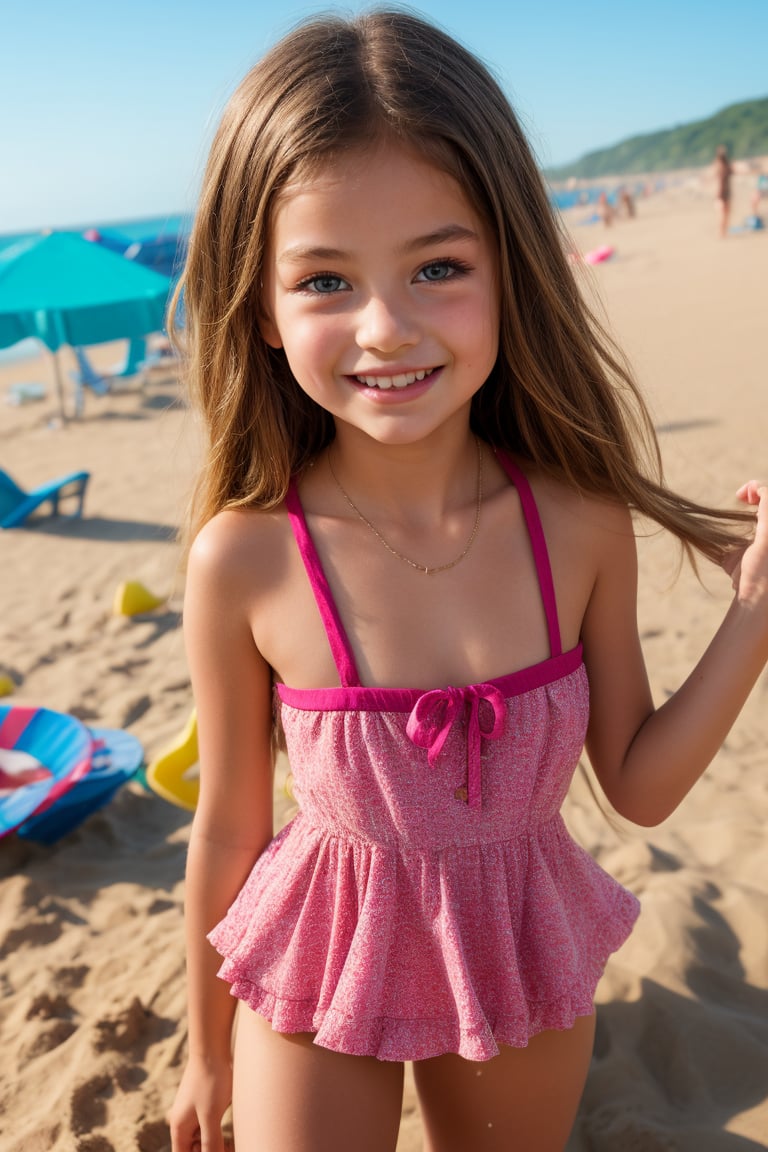 "A lively tween girl is having a fun day on a sunny beach. As she builds sandcastles,  splashes in the waves and sunbathes...