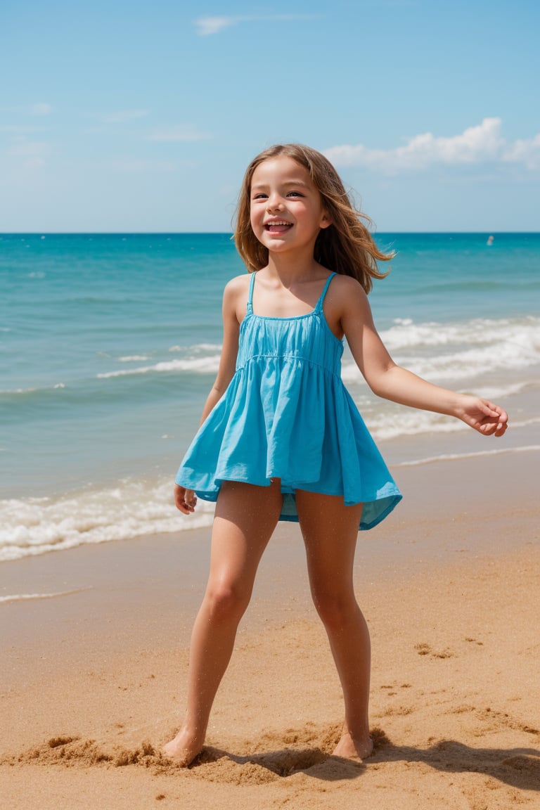 "A lively tween girl is having a fun day on a sunny beach. As she builds sandcastles,  splashes in the waves and sunbathes...