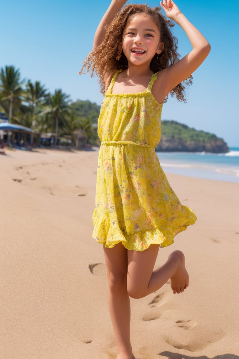 "A lively tween girl is having a fun day on a sunny beach. As she builds sandcastles,  splashes in the waves and sunbathes...
