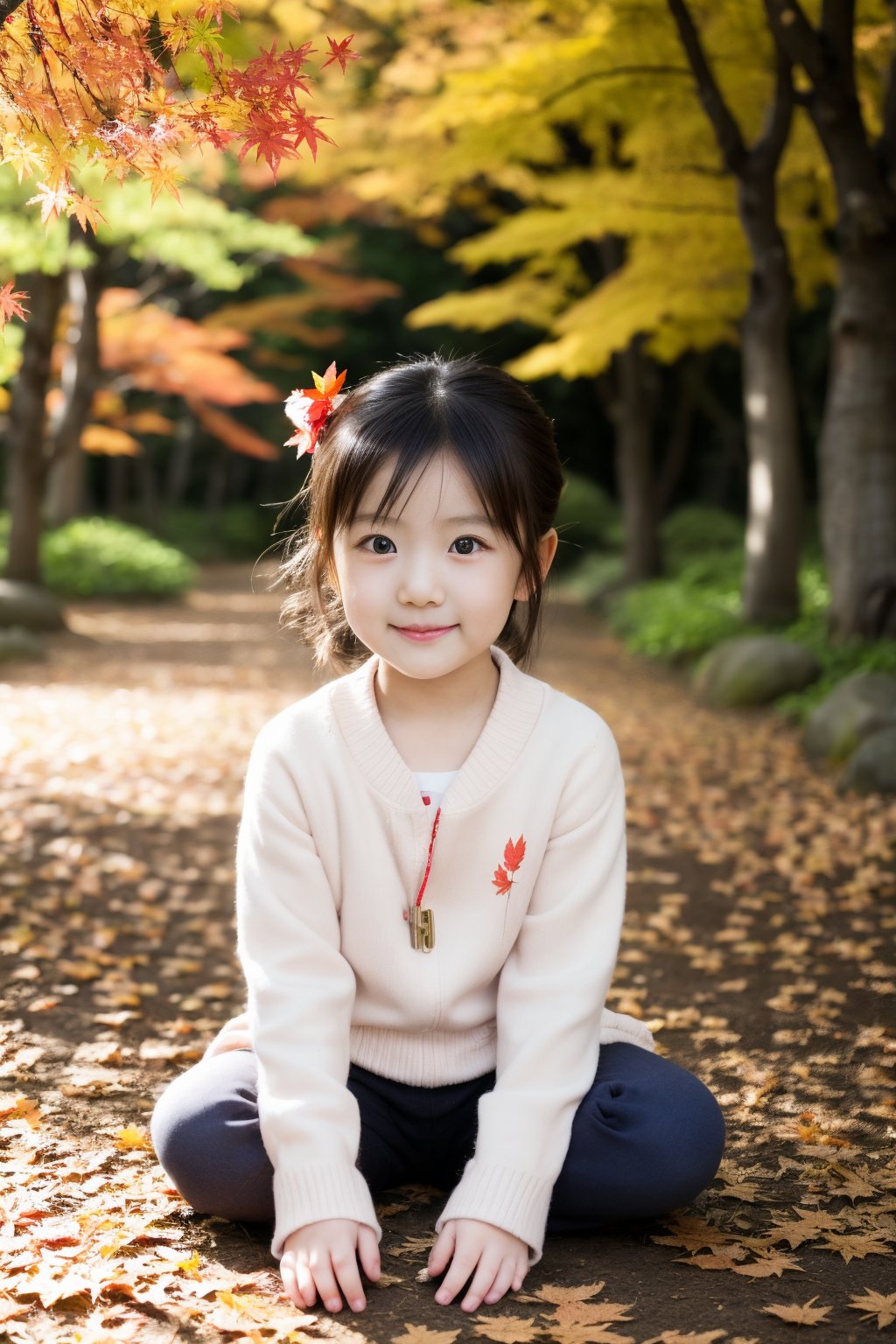 Masterpiece,ultra detail,realism,16K, HDR ,realistic, cute, Masterpiece, Hyperrealistic. 1 Japan little girl play in maple forest, full of red maple leaf, blue sky, soft key,1 kid wear kinomo sit on ground ,1kid run and chasing ball,autumn,girl,edgJF_clothing