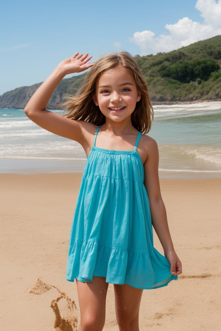 "A lively tween girl is having a fun day on a sunny beach. As she builds sandcastles,  splashes in the waves and sunbathes...