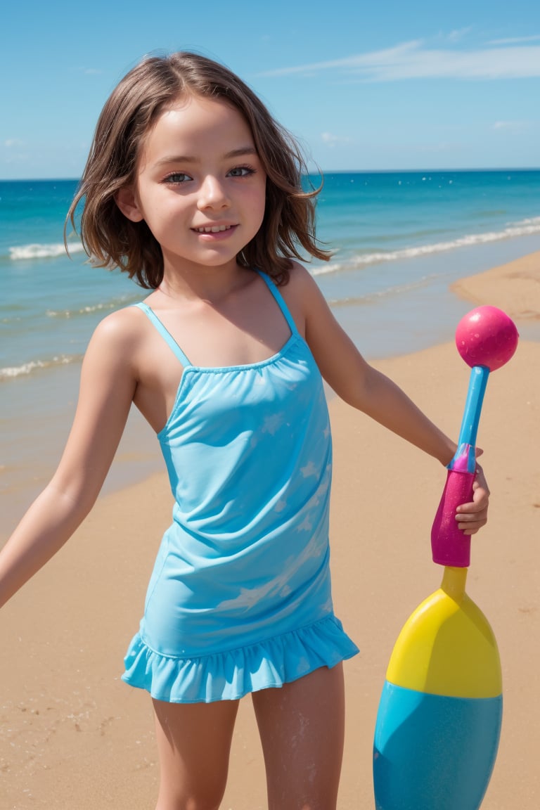 "A lively tween girl is having a fun day on a sunny beach. As she builds sandcastles,  splashes in the waves and sunbathes...