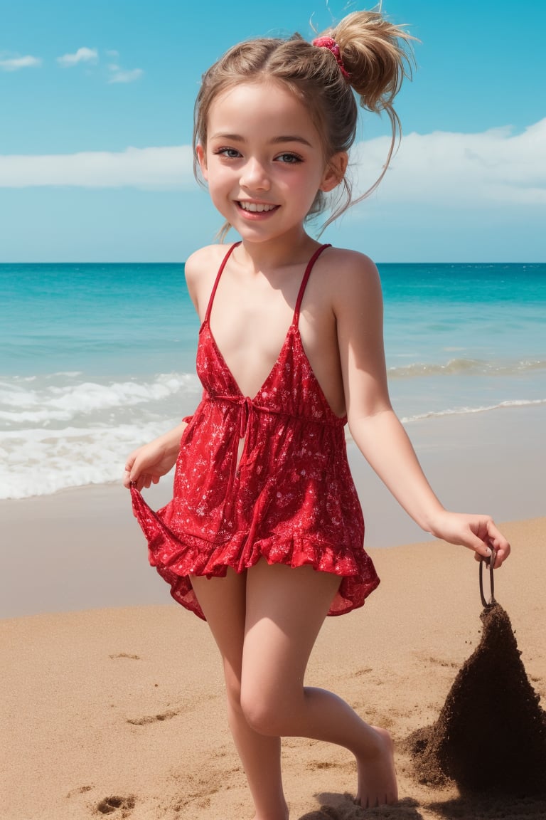 "A lively tween girl is having a fun day on a sunny beach. As she builds sandcastles,  splashes in the waves and sunbathes...