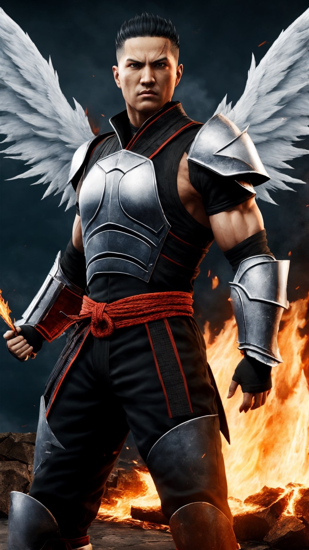 A white Male angel with blue white mortal kombat future war armor,Atletic body, have 24 fire wings, stand and ready for war, lightning fire background,super detail,super hd,8k